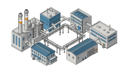 Isometric illustration of a modern industrial complex, showcasing interconnected factories and production facilities with automated processes and a central supply chain