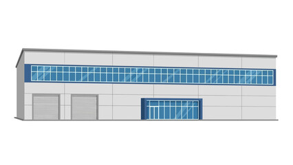 Modern flat design industrial warehouse building exterior featuring large reflective glass windows and multiple loading dock doors for business logistics and distribution