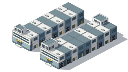 Sleek isometric illustration of modern commercial and industrial buildings. Contemporary graphic design for urban development and business park concepts, featuring a clean architectural style