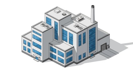 Isometric illustration of a modern industrial factory building. A clean vector graphic depicting a multi-level manufacturing facility with a prominent chimney