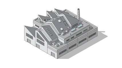 Isometric vector illustration of a modern industrial factory building with a detailed roof design and smokestack, representing a core facility for manufacturing and economic growth