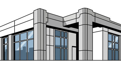 Sleek architectural illustration of a modern commercial building, showcasing clean lines and expansive glass windows for urban development projects and contemporary office designs