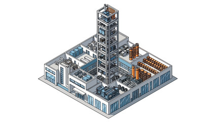 Obraz premium Isometric view of a modern industrial factory building with multiple levels and diverse machinery, representing manufacturing and production processes