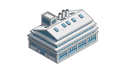 Isometric illustration of a modern industrial building with a contemporary design, representing manufacturing, business operations, and architectural innovation