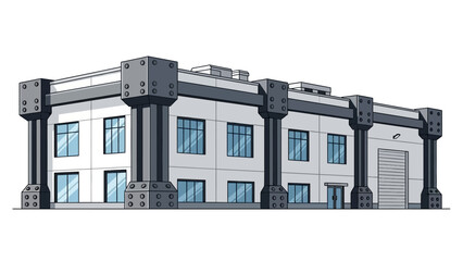 Modern industrial factory building illustration. Contemporary architectural design of a warehouse facility with prominent structural columns and a large roll-up door