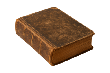 A weathered old leather bound book with aged pages isolated on transparent background