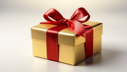 Obraz premium Luxurious Gold Gift Box Adorned With A Red Ribbon Elegantly Presented On A Pristine White Surface