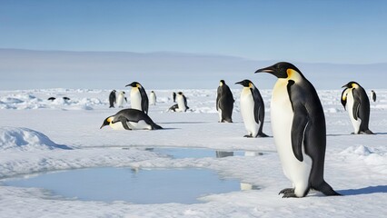 Fototapeta premium Emperor Penguins on Antarctic Ice with Blue Sky and Water Puddles