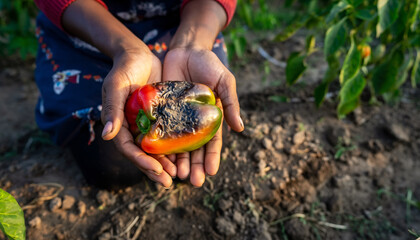 Close-up of farmer's hands holding a badly rotten bell pepper, symbolizing crop failure and food waste due to disease in the agricultural field
