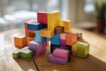 Colorful building blocks scattered on a wooden table forming a playful geometric puzzle composition
