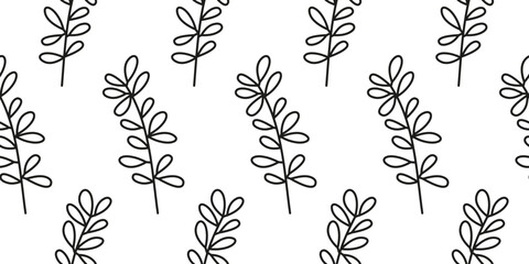 Black and white seamless pattern with doodle outline blueberry twigs on white background. Minimalist forest backdrop.