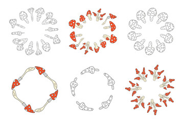 Set of cute round frames with hand drawn fly agaric amanita mushrooms isolated on white background. Autumn circle compositions.