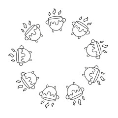 Cute round frame with hand drawn outline witch boiling cauldrons isolated on white background. Boho celestial circle composition.