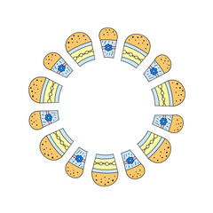 Cute round wreath with doodle Easter kulich cakes isolated on white background. Italian panettone biscuits.