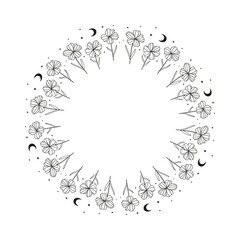 Cute round frame with hand drawn flowers, moon and stars isolated on white background. Boho circle composition.