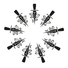 Cute round frame with hand drawn magic sword and leafy twigs isolated on white background. Boho celestial circle composition.