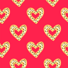 Cute seamless pattern with flat heart shaped glazed donuts on red background. Valentines day celebration.