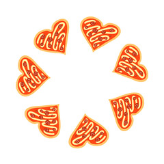 Cute round frame with heart shaped pepperoni pizza isolated on white background. Valentines day celebration.