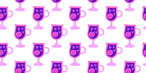 Cute seamless pattern with flat violet drinks in glass on white background. Valentines day celebration.