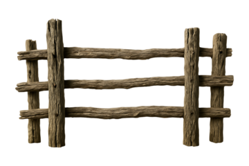 Rustic wooden fence section with natural texture and detailed posts on transparent background