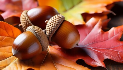 Close Up Of Acorns On A Colorful Autumn Leaf Background