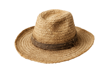 Vintage straw fedora hat with dark band isolated and detailed on transparent background