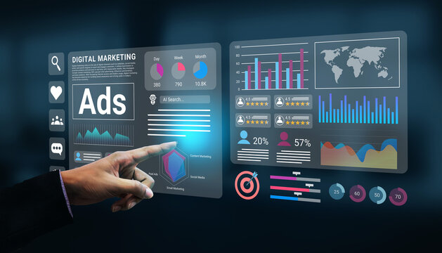 A business professional interacts with a modern digital marketing dashboard, exploring vital insights and statistics in a sleek, technology-driven environment. Gantry - Powered by Adobe