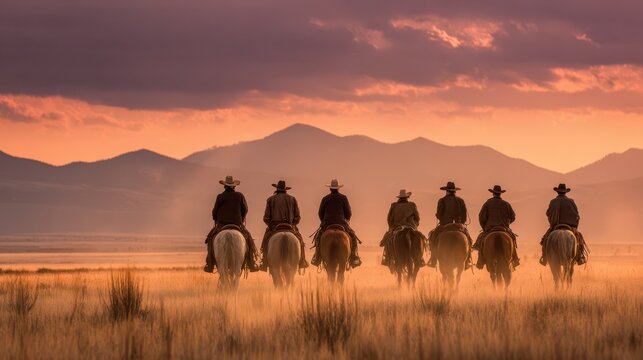 Group of cowboys on horseback at sunset across a western prairie