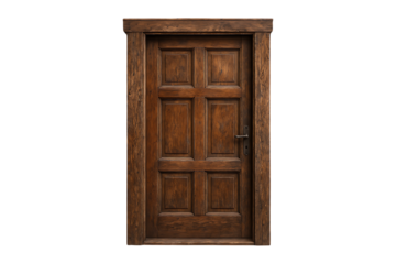 Detailed wooden door with paneling and handle isolated on transparent background