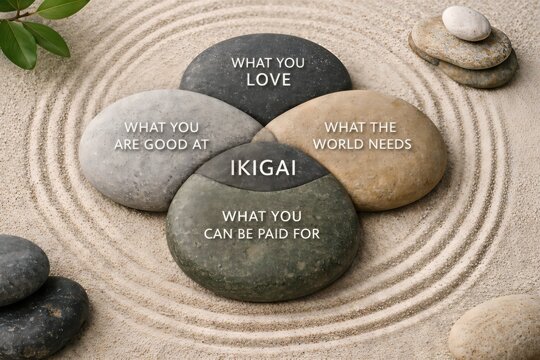Discovering Your Ikigai Through Reflection and Introspection on What You Love and What the World Needs in a Serene Zen Garden Environment captured with clarity