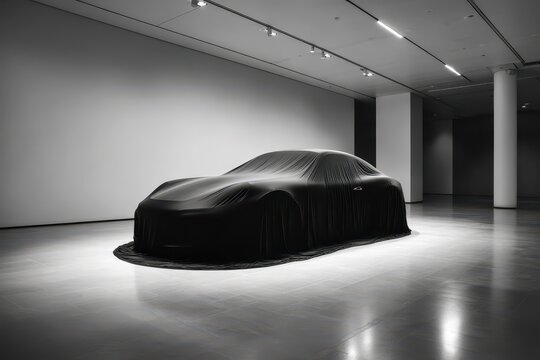 Covered car reveal in a modern showroom with soft studio lighting