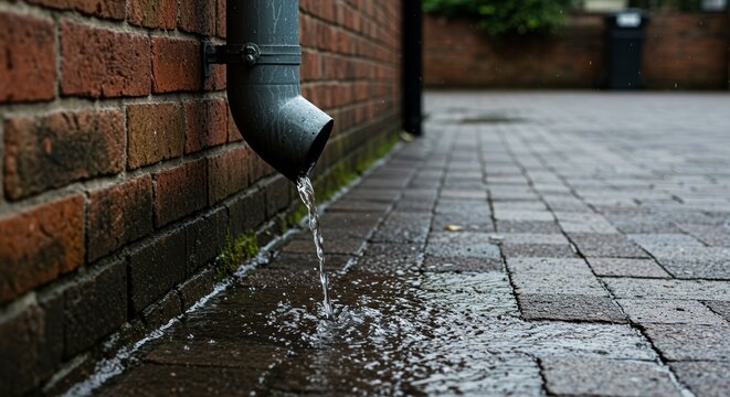 Rainwater downpipe discharging water onto paved ground in urban setting  