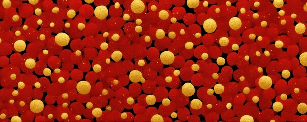 Bright red background with yellow dots creates a festive abstract pattern for design projects worldwide