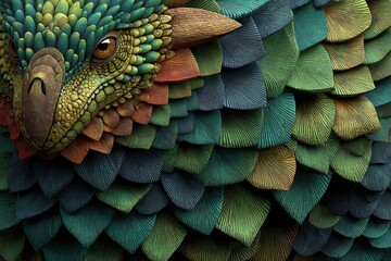 Colorful dragon scales close-up texture in layered turquoise, green, blue, and gold patterns