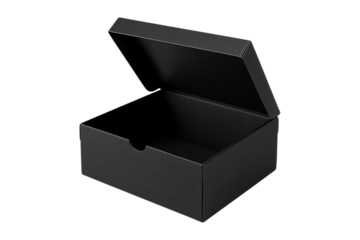 Realistic black open cardboard box mockup ideal for product display on transparent background