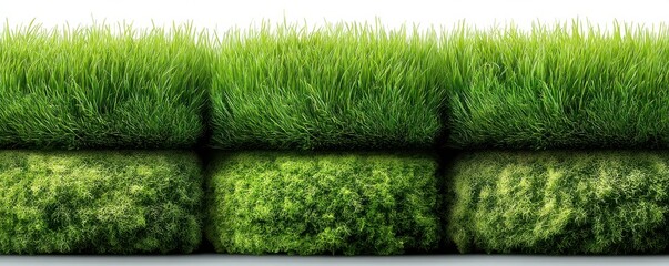 Fototapeta premium Three rows of realistic grass border—vibrant green lawn edging for garden and nature design