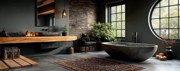 Modern freestanding bathtub in stylish gray bathroom with brick wall, plants, and warm lighting ambience