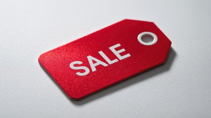 Festive red tag advertising discounts on white surface with minimal composition