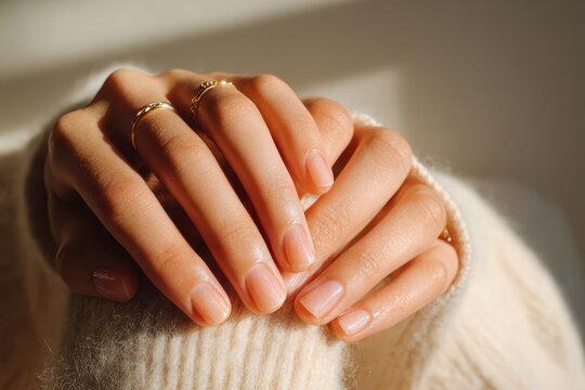 Close-up of natural nails on hands with a bare, unpolished look under warm daylight