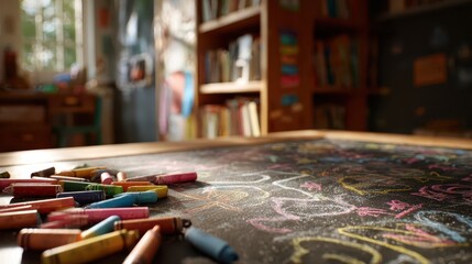 Fototapeta premium Colorful chalkboard with crayons and doodles for a back-to-school vibe