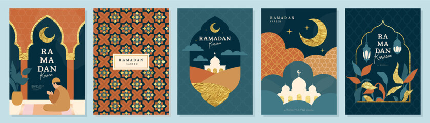 Set of Ramadan greeting card designs in minimalist style featuring praying person, mosque silhouettes, golden crescent moon and architectural arches, vector illustration