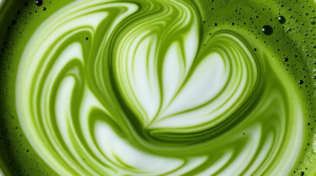 rothy matcha latte with its signature vibrant green color and delicate swirling foam patterns, a macro and full-frame texture shot, close-up texture, top view