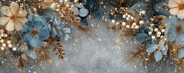 Obraz premium Elegant festive floral arrangement in blue and gold with shimmering accents