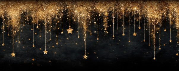 Obraz premium Elegant hanging gold stars and glitter on a dark background
