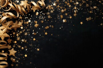 Obraz premium Golden stars and ribbons on a black sparkling festive background