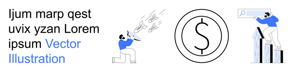 Financial growth, business planning, market analysis, wealth management, saving strategies, and economy development. Visual shows a person analyzing charts, another managing coins, and a currency