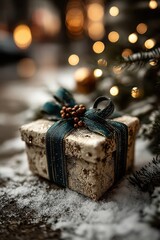 Obraz premium Beautifully wrapped gift box with green ribbon in a festive setting