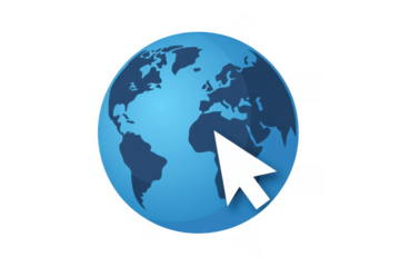 Blue globe with white cursor earth navigation isolated on a transparent background