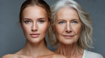 Comparison. Portrait of beautiful woman with problem and clean skin, aging and youth concept, beauty treatment and lifting. Before and after concept. Youth, old age. Process of aging and rejuvenation