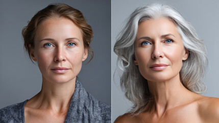 Comparison. Portrait of beautiful woman with problem and clean skin, aging and youth concept, beauty treatment and lifting. Before and after concept. Youth, old age. Process of aging and rejuvenation